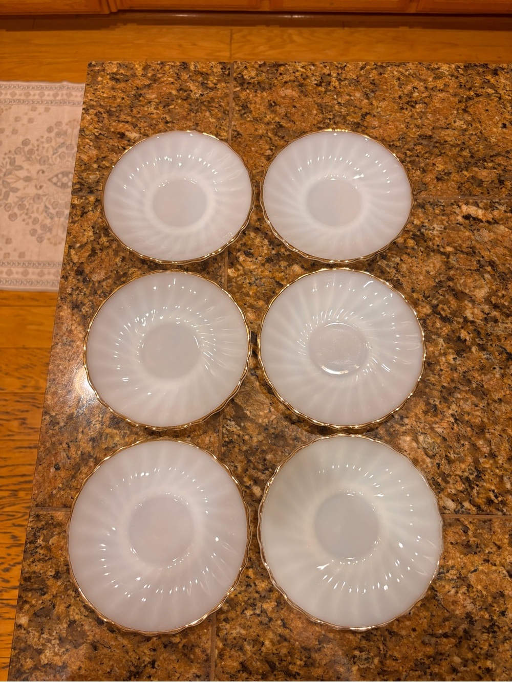 Vintage Fire-King Golden Shell Milk Glass Gold Rim 6” Saucers Set of 6